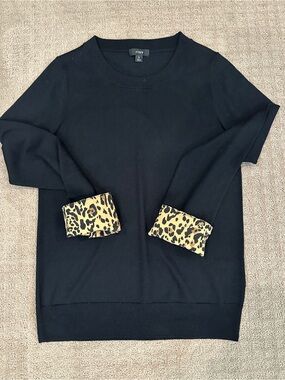 J. Crew Black Crewneck Sweater with Leopard-Print Cuffs